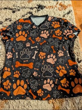Black Paw & Bone Print Dog Grooming Scrub Top - Orange and Pink XXL